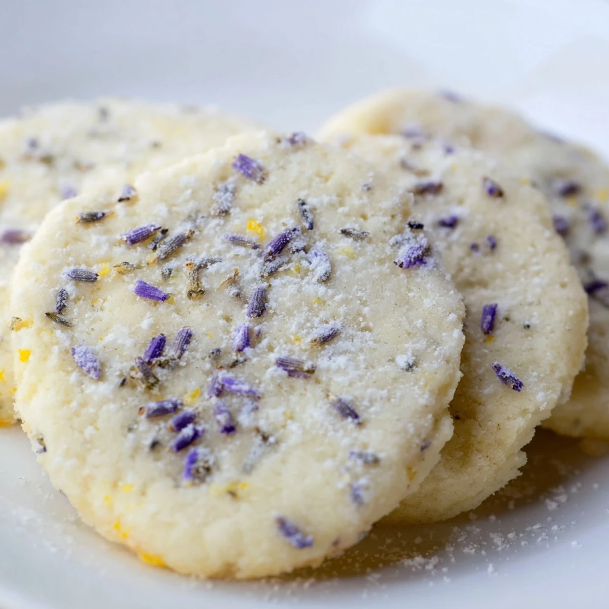 Buttery lemon lavender cookies arranged on white plate with fresh lavender sprigs garnish