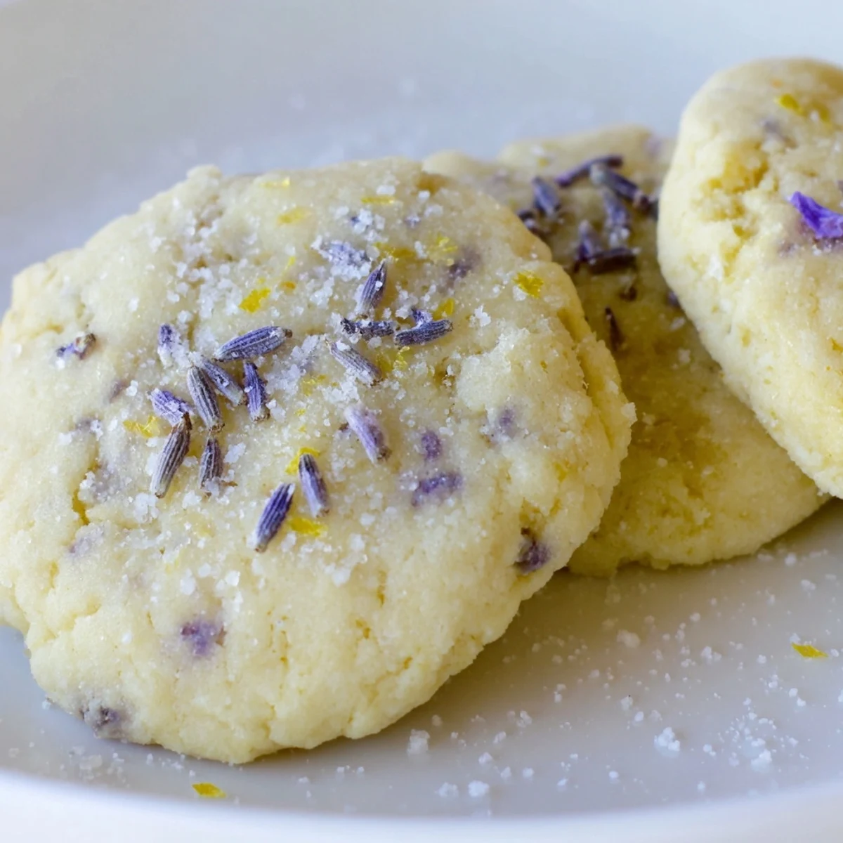 Close up of soft baked lemon lavender cookies with visible purple lavender buds