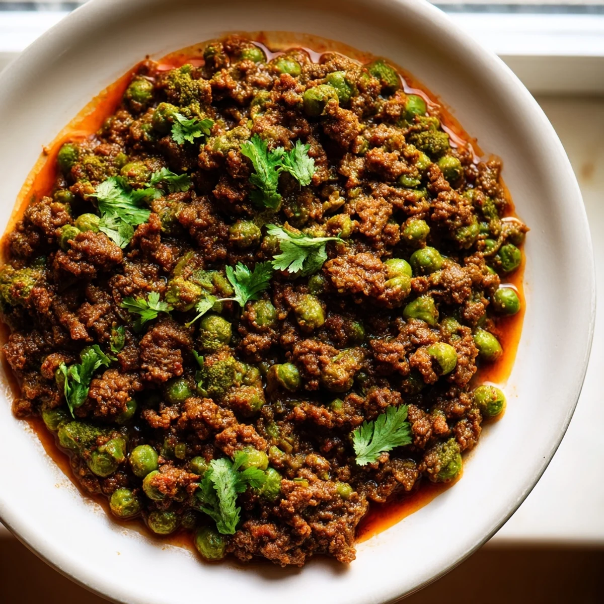 Rich savory Keema Curry with tender ground meat, vibrant green peas, and aromatic spices served in a bowl.