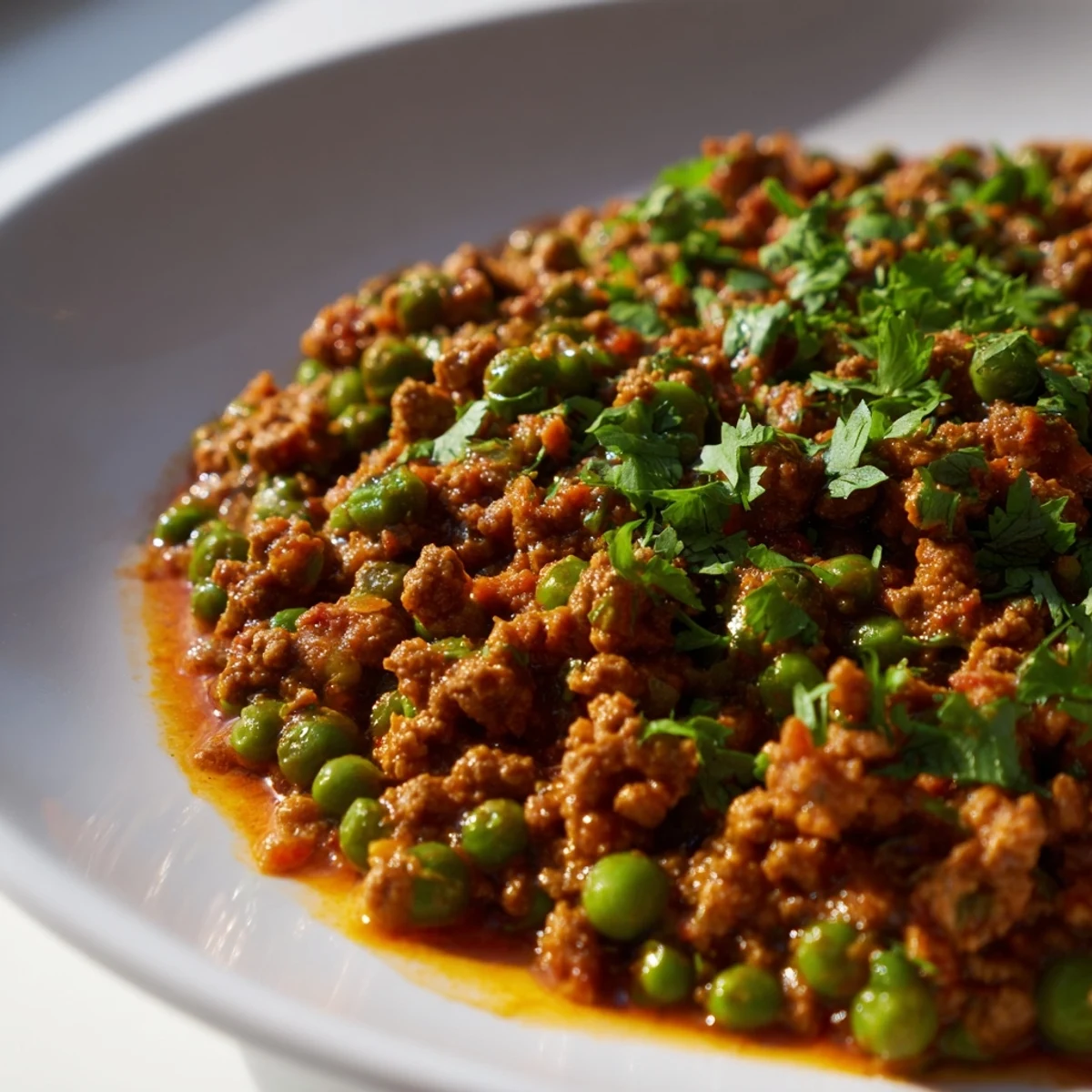 Homemade Indian Keema Curry simmered with tomatoes, ginger, and fresh cilantro garnish over fluffy white basmati rice.