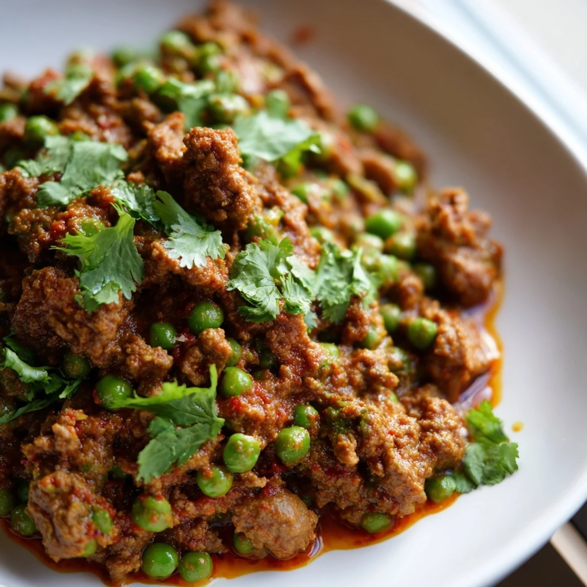 Steamy plate of spiced Keema Curry featuring browned ground lamb, diced tomatoes, and peas alongside warm naan bread.