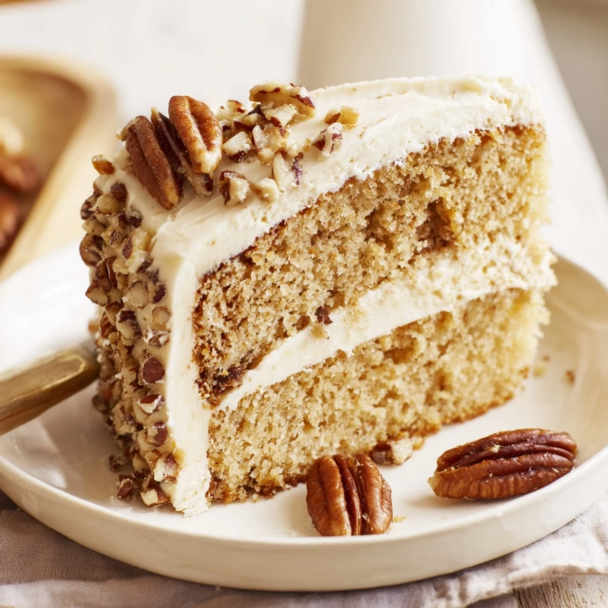 Golden butter pecan cake slice with creamy frosting and toasted pecan crumbles on a white plate