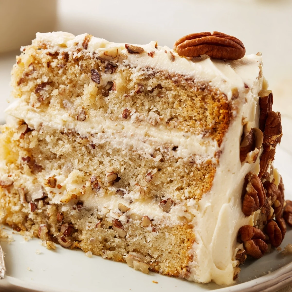Decadent three layer butter pecan cake with smooth vanilla frosting and a generous coating of buttery toasted pecans
