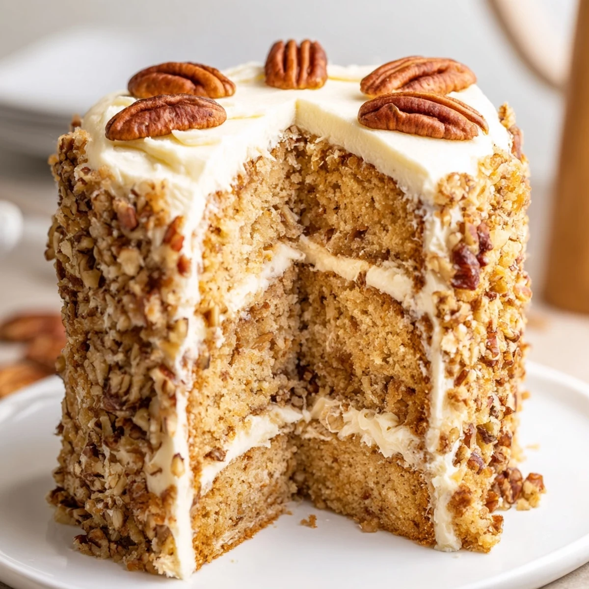 Homemade butter pecan cake featuring three moist layers with velvety buttercream and chopped pecan topping
