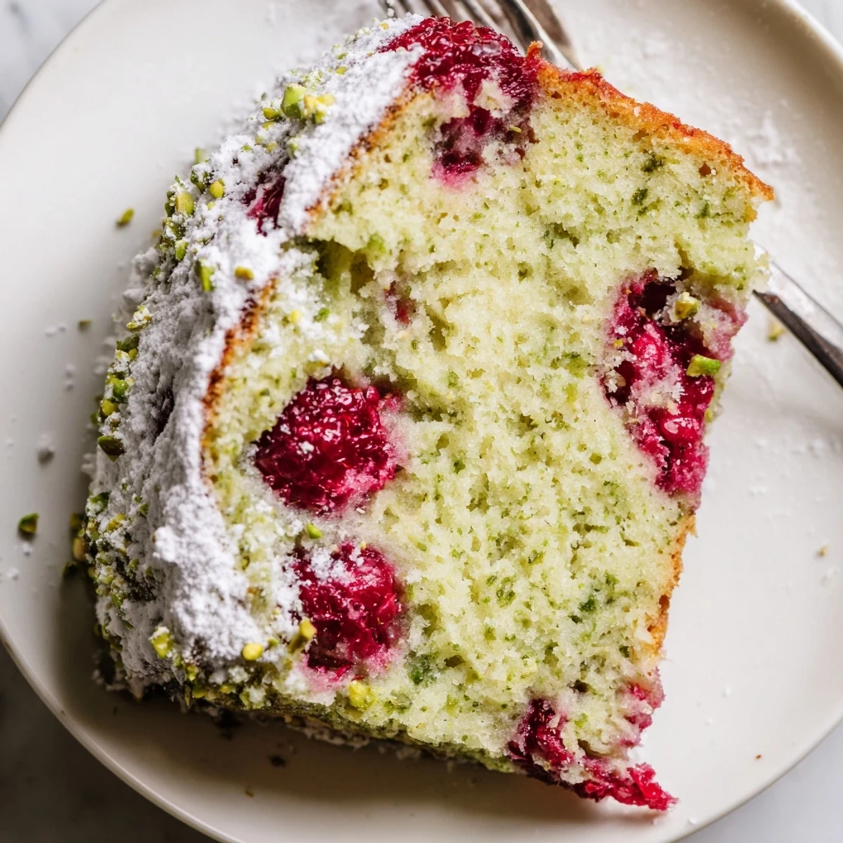 Moist pistachio raspberry cake slice topped with powdered sugar and fresh berries on white plate