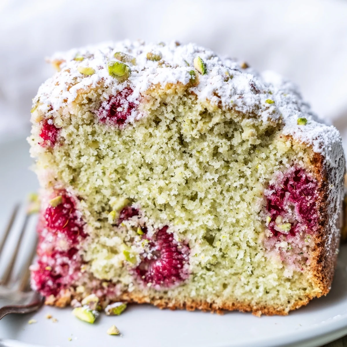Golden pistachio raspberry cake with pink berry specks dusted with powdered sugar and chopped nuts