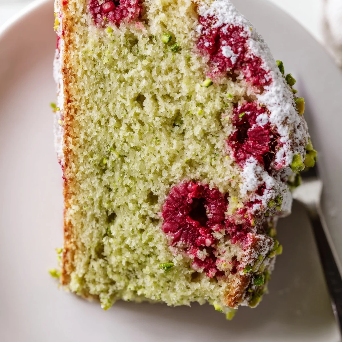 Elegant pistachio raspberry cake served with whipped cream, showcasing vibrant red berries and green nut garnish