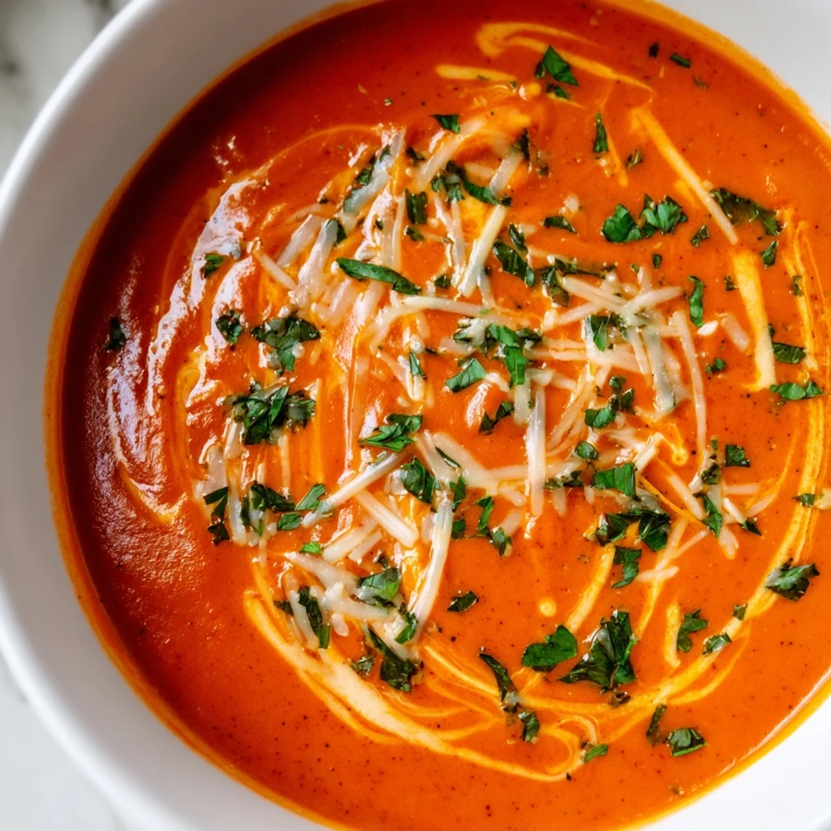 Velvety roasted red pepper Gouda soup served in white bowls with crusty bread on the side