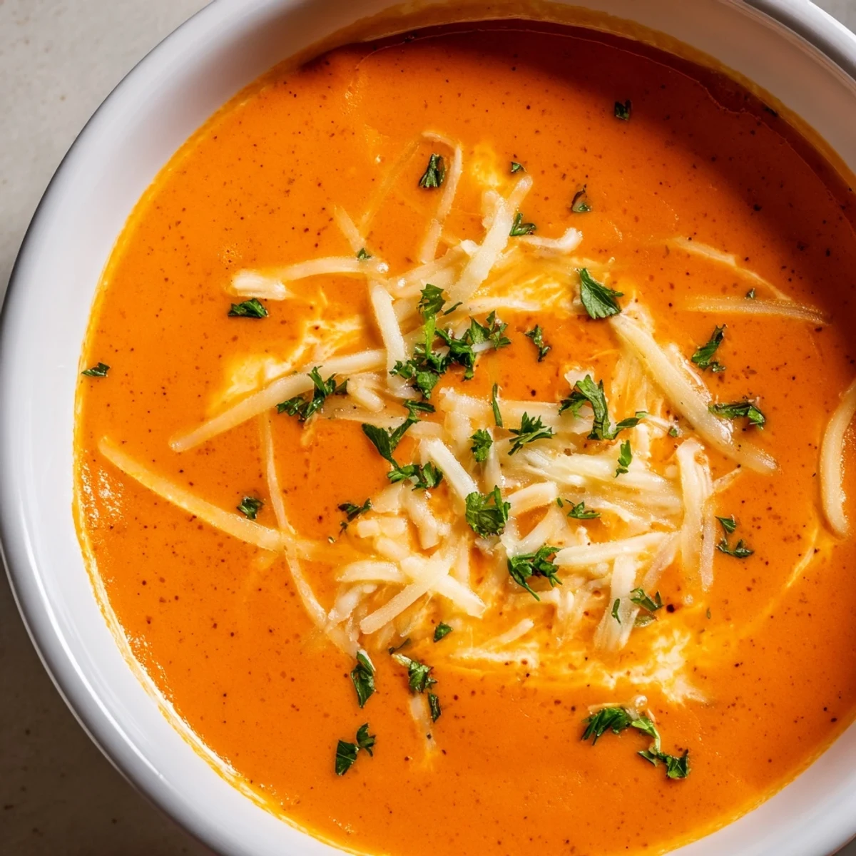 Creamy roasted red pepper Gouda soup garnished with fresh parsley and extra shredded cheese