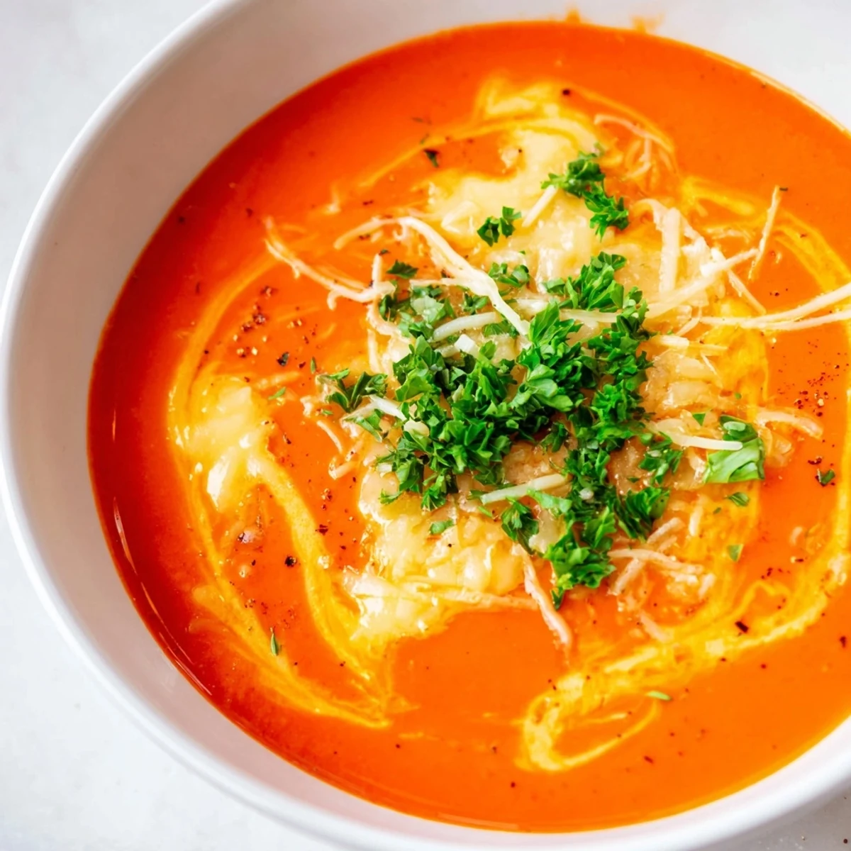 Steam rises from bowls of smooth roasted red pepper Gouda soup topped with melted cheese and parsley