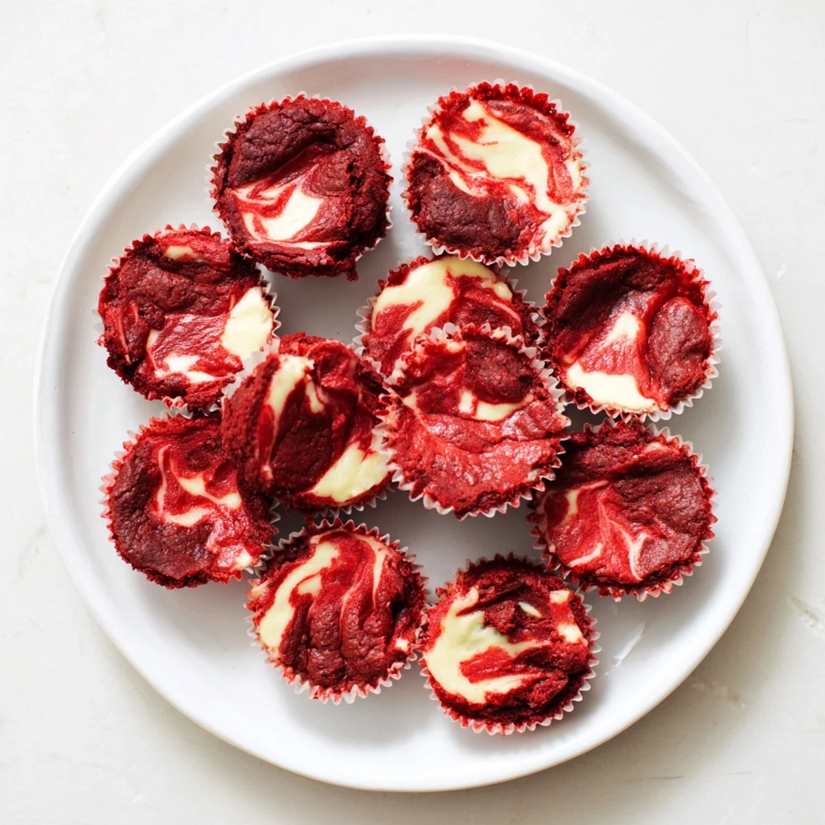 Decadent red velvet brownie bites showcasing marbled cream cheese topping in a decorative serving arrangement