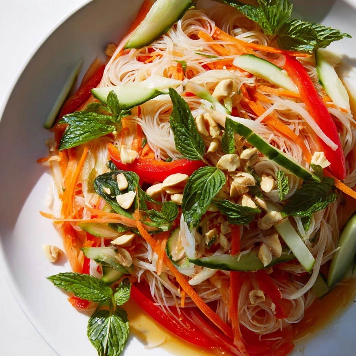 Colorful Vietnamese noodle salad with crisp vegetables, fresh herbs, and tangy lime dressing