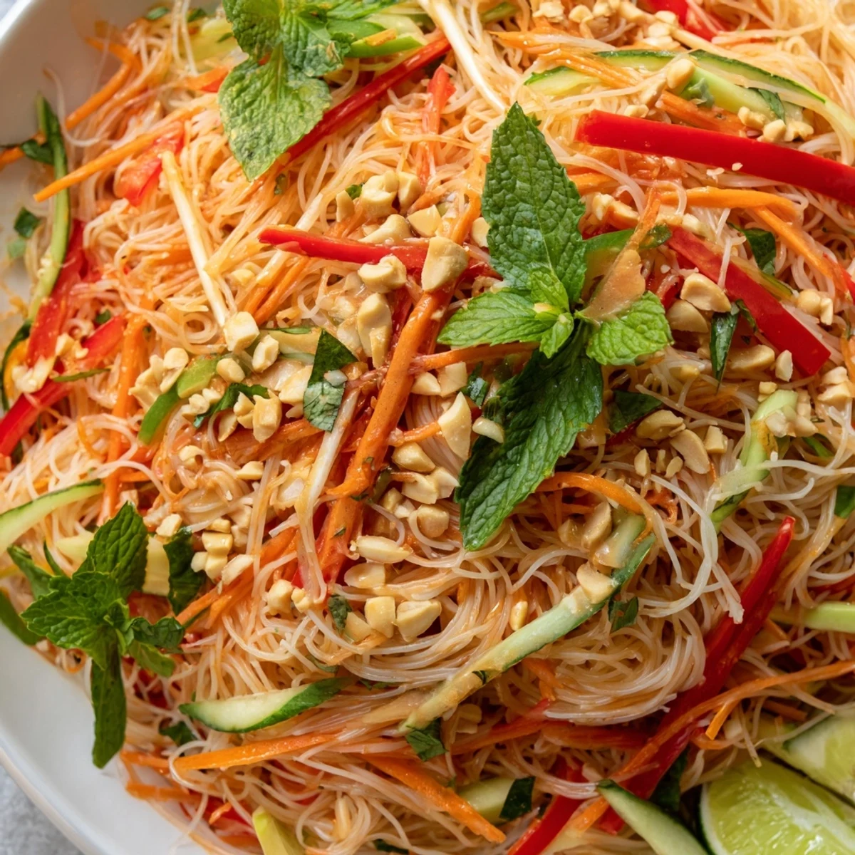 Bowl of rice vermicelli noodles tossed with julienned carrots, cucumber, and zesty Vietnamese dressing