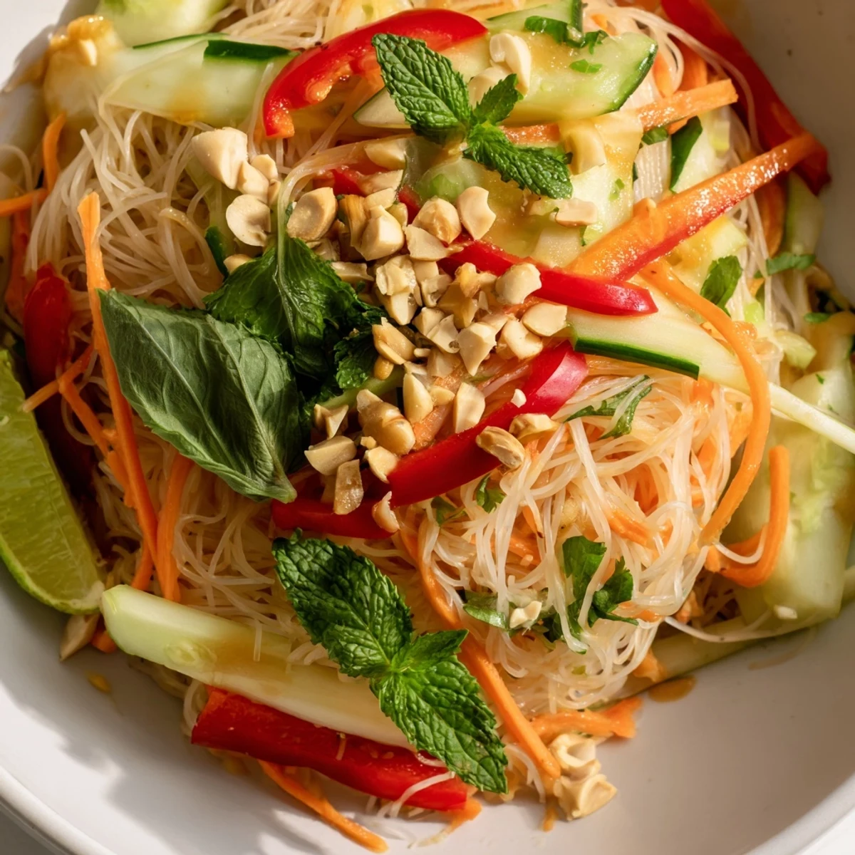 Light Vietnamese noodle salad featuring bean sprouts, mint, cilantro, and roasted peanut garnish
