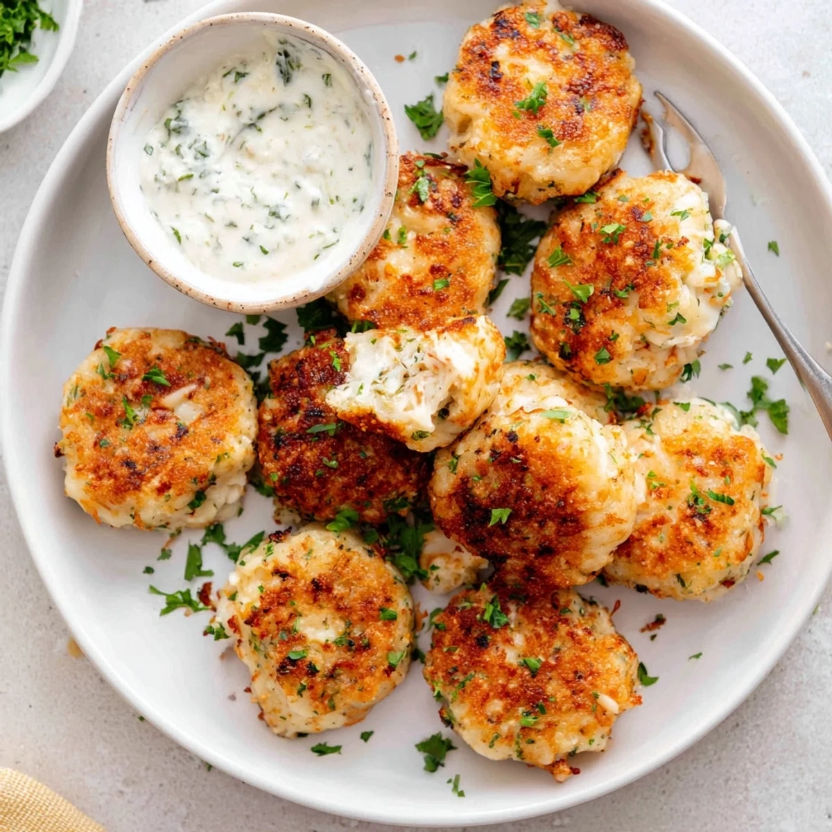 Golden brown cheesy chicken fritters arranged on a serving plate with creamy garlic aioli dip