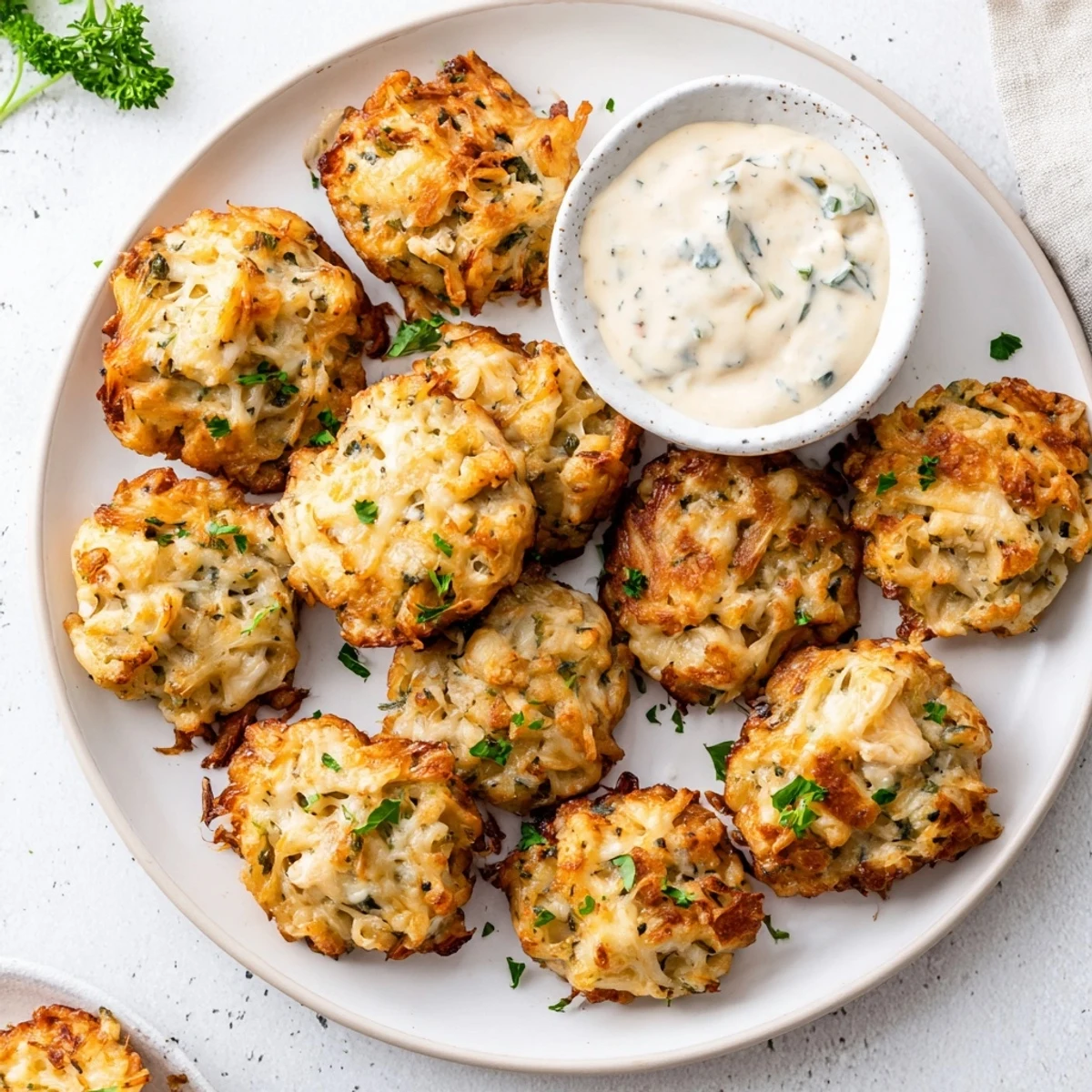 Close-up of tender chicken fritters with melted mozzarella served alongside homemade garlic dipping sauce