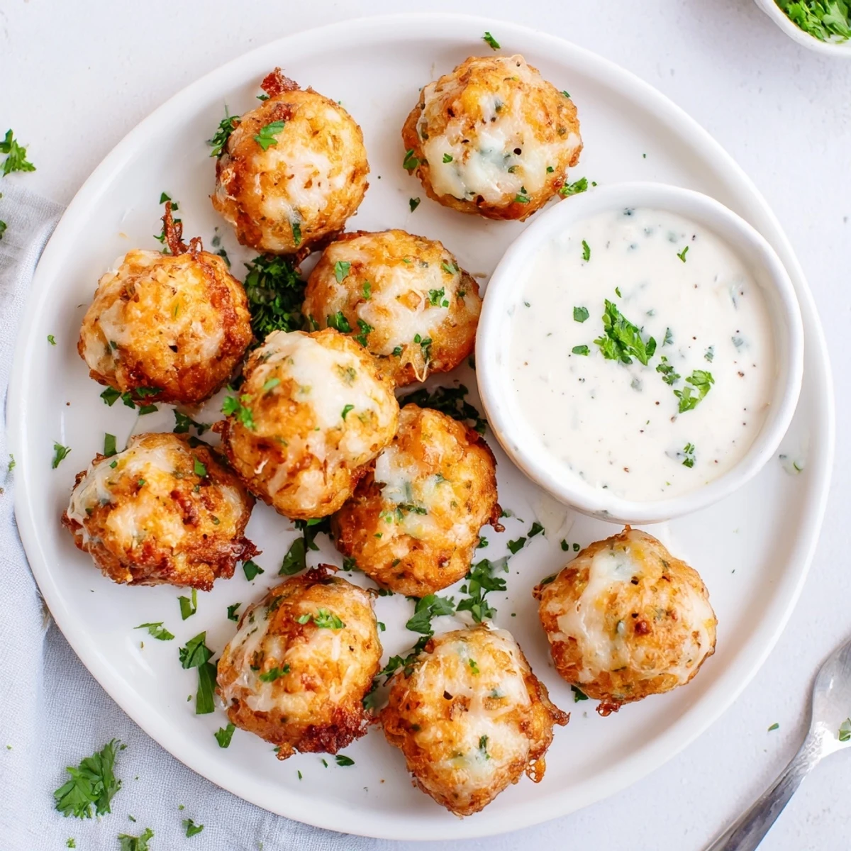 Plate of crispy fried cheesy chicken fritters garnished with fresh parsley and garlic aioli