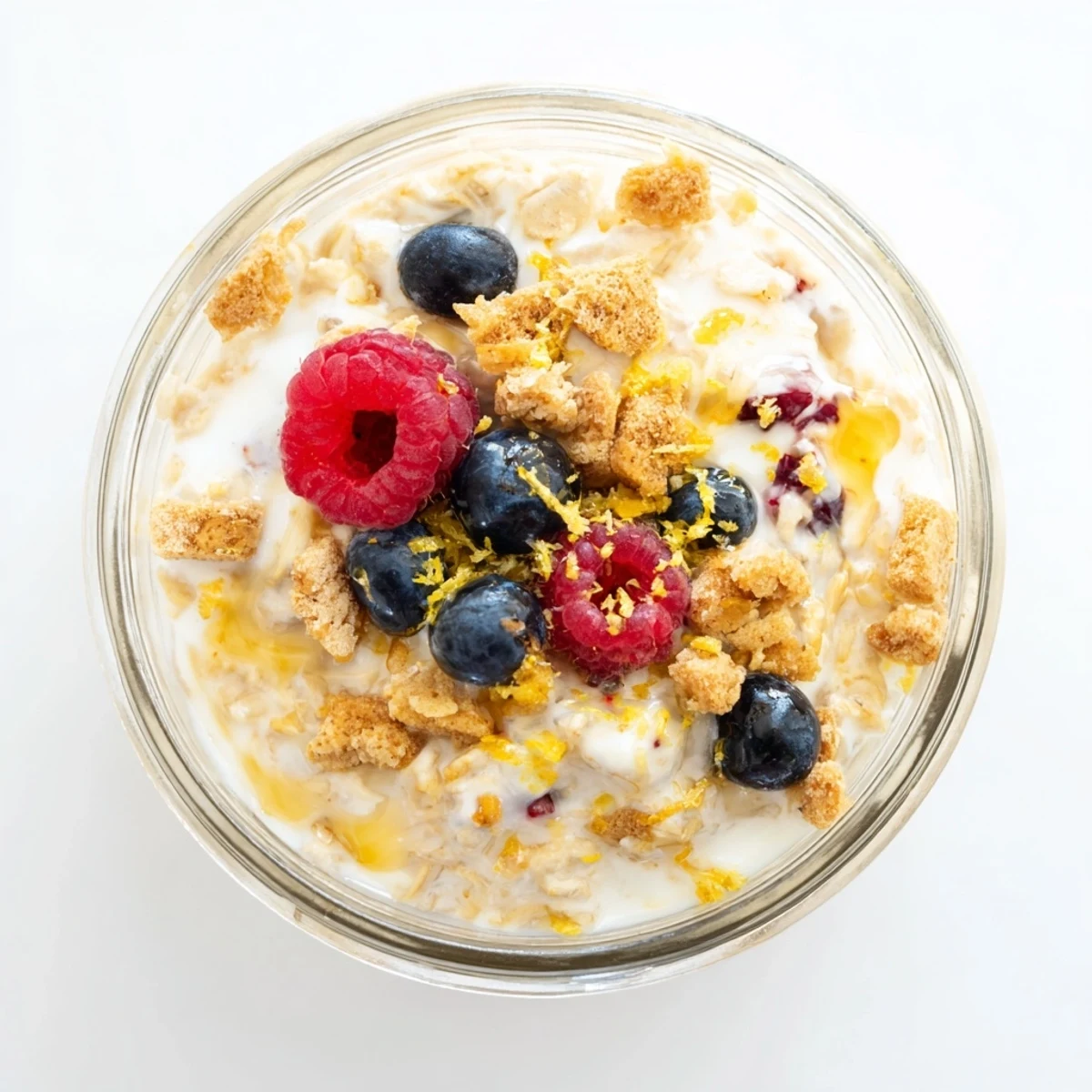 Glass jar layered with creamy zesty lemon cheesecake overnight oats topped with fresh berries and graham cracker crumbs