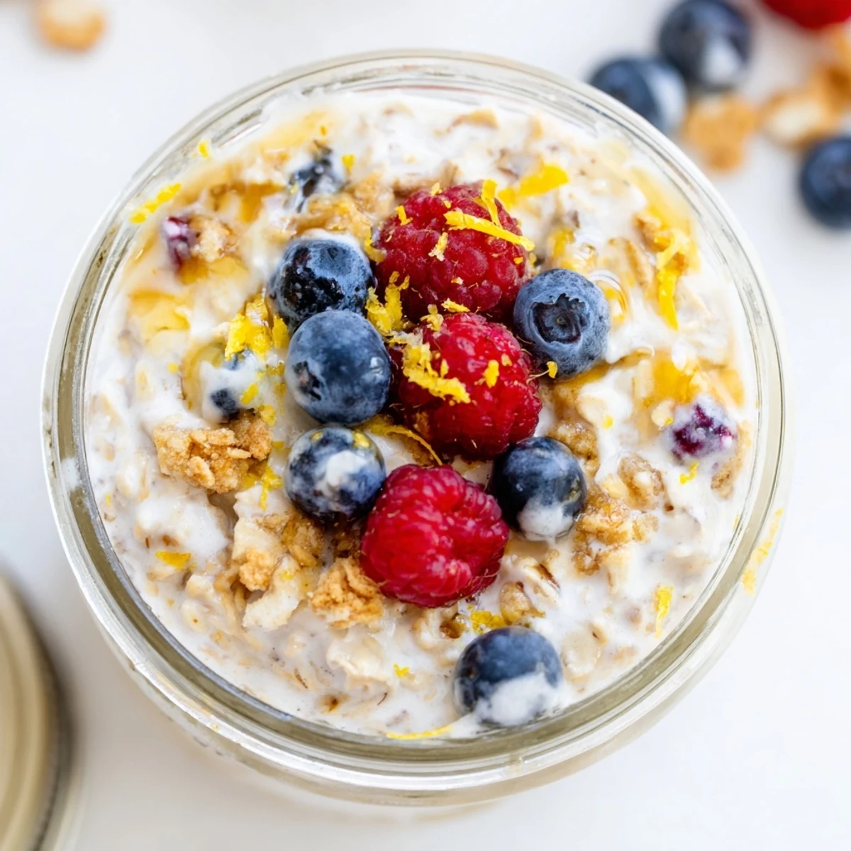 Creamy overnight oats with lemon cheesecake flavor served in mason jars with fresh raspberries and lemon zest garnish