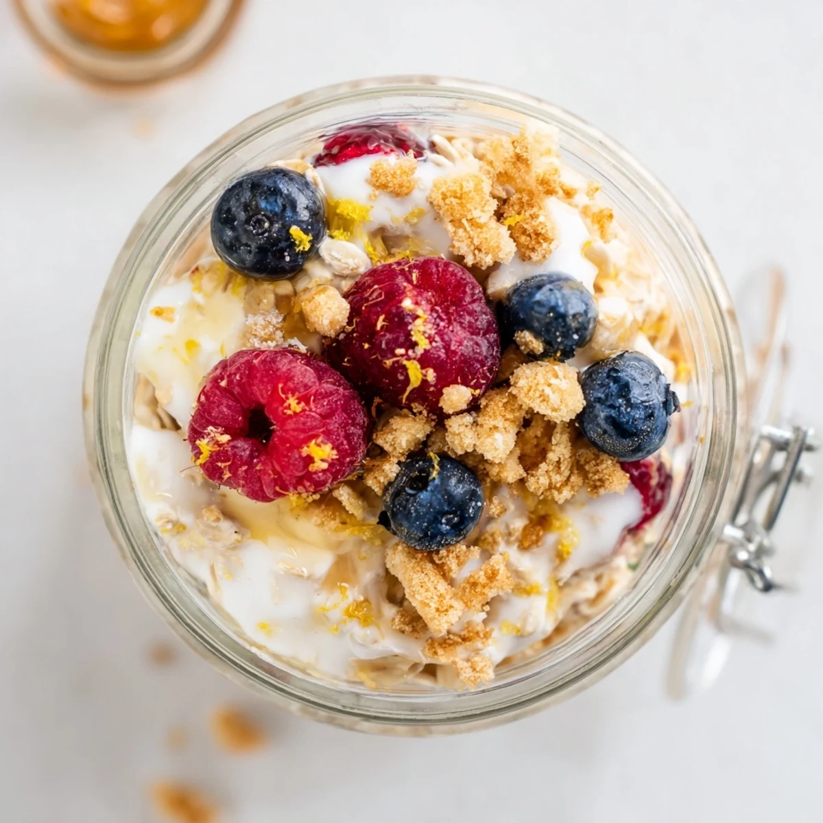Breakfast meal prep featuring tangy lemon cheesecake overnight oats topped with fresh strawberries and crunchy graham cracker pieces