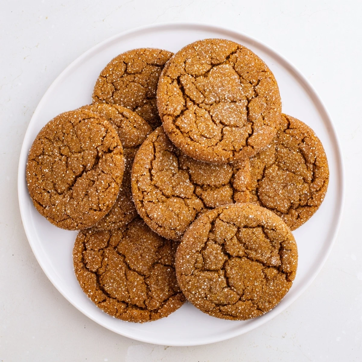Freshly baked crispy gingersnap cookies cooling on wire rack with textured crackled surface