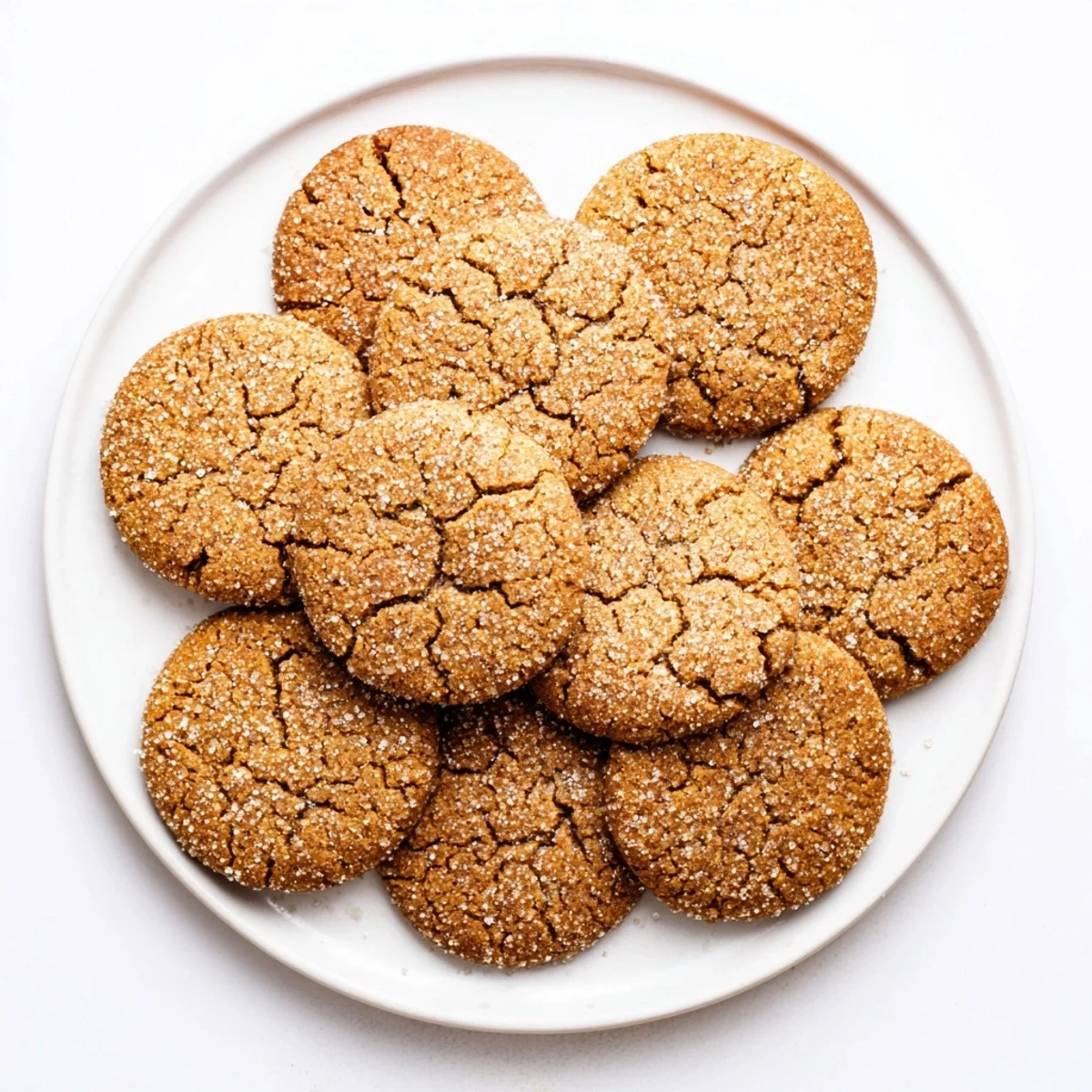 Stack of warm spiced gingersnap cookies rolled in sugar ready for holiday serving