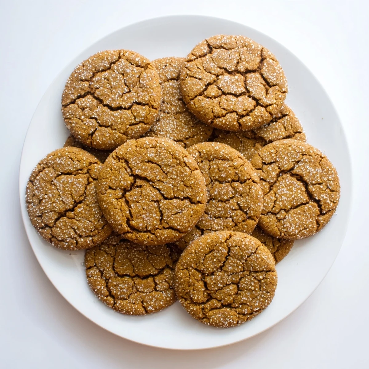 Golden gingersnap cookies with crackled tops and sugary coating on a white plate
