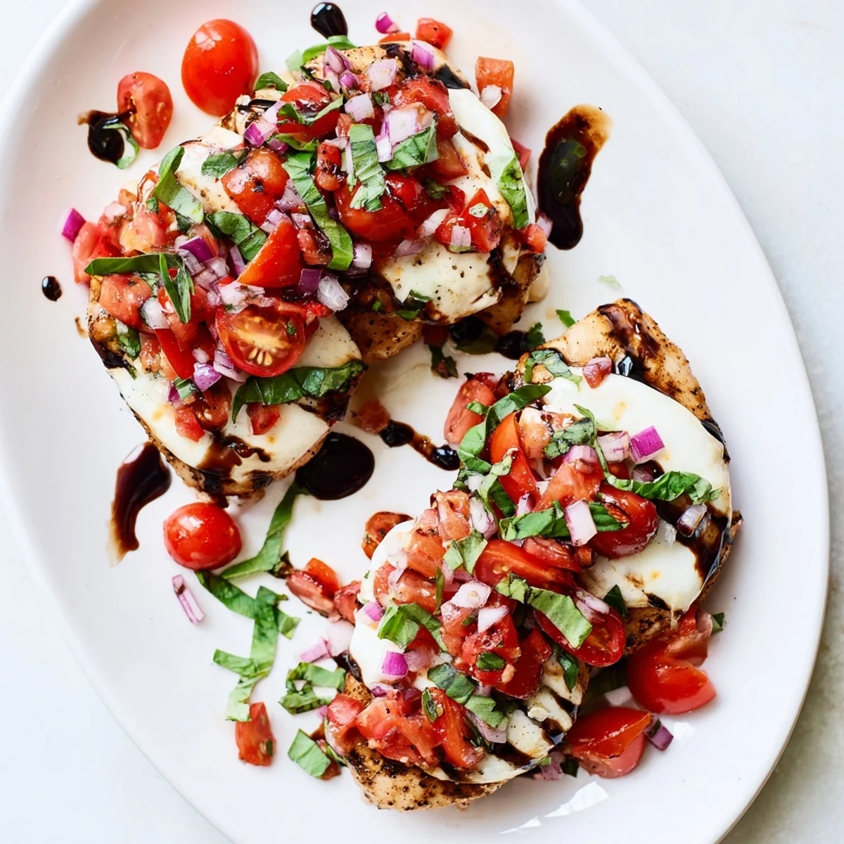 Golden baked chicken topped with melted mozzarella and vibrant tomato bruschetta