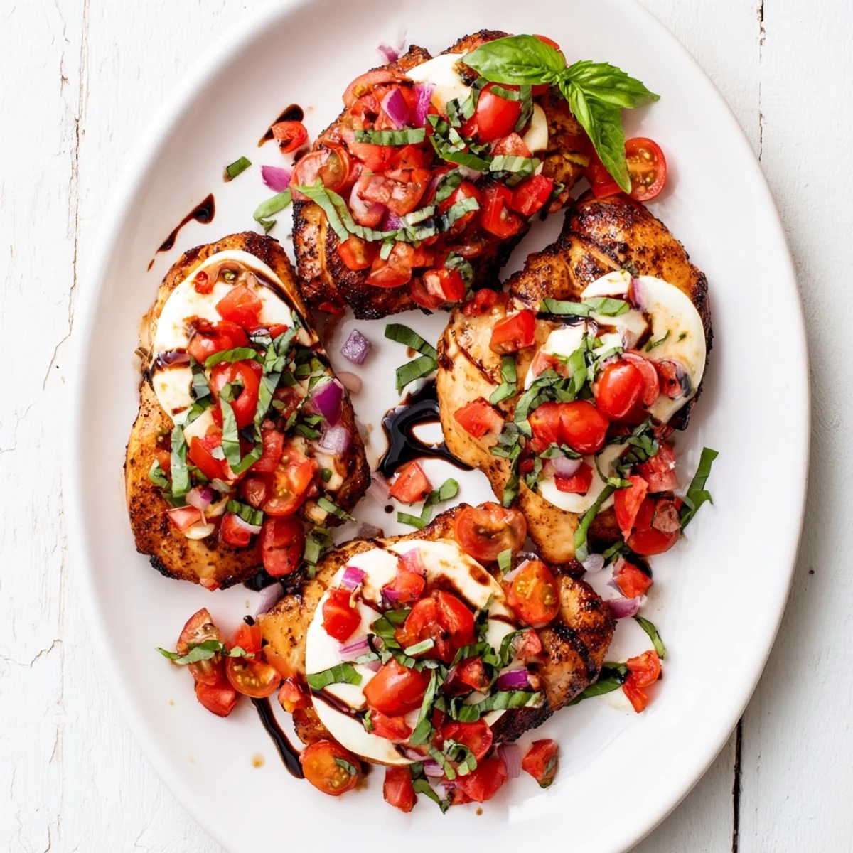 Savory mozzarella bruschetta chicken featuring juicy tomatoes and melted mozzarella on golden poultry