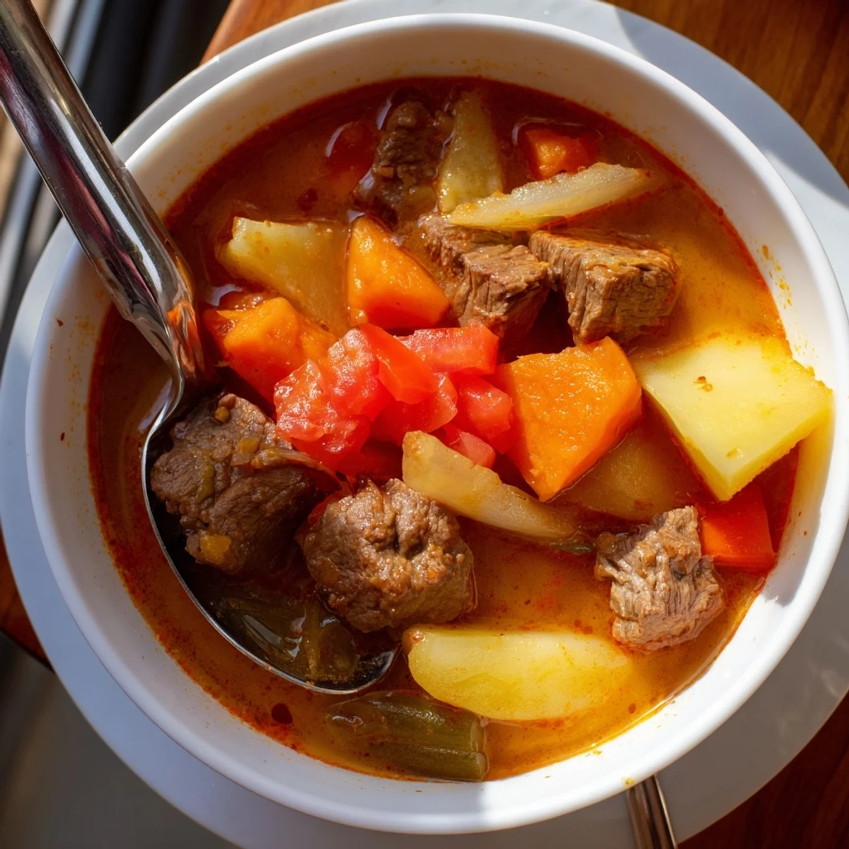 Steaming bowl of authentic Hungarian Gulyás with carrots, potatoes, and bell peppers simmered to perfection