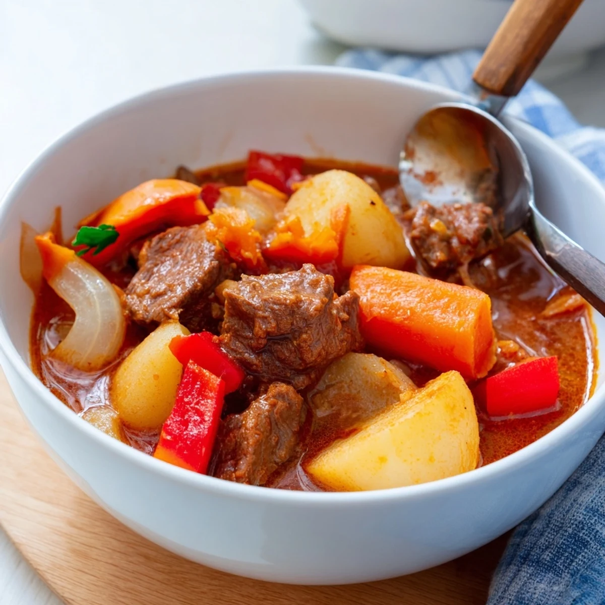 Hearty Hungarian Gulyás stew showcasing slow-cooked beef and colorful vegetables in a savory, aromatic broth