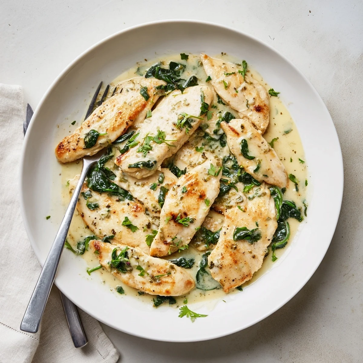 Golden chicken breasts nestled in a rich garlic Parmesan cream sauce with wilted spinach