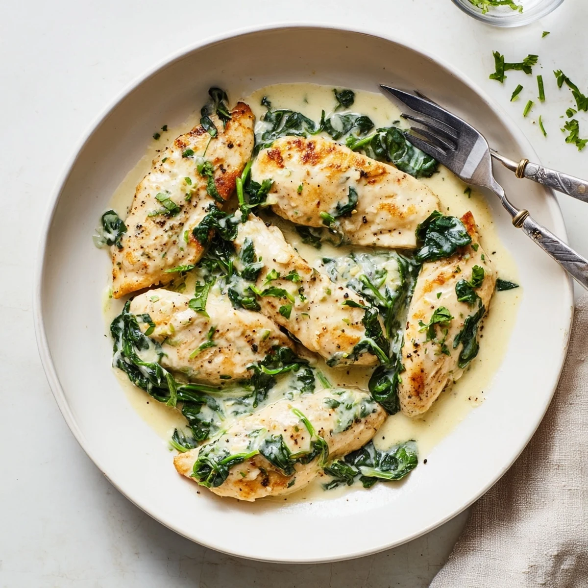 One-pan creamy Parmesan chicken with golden seared breasts and fresh spinach in garlicky sauce
