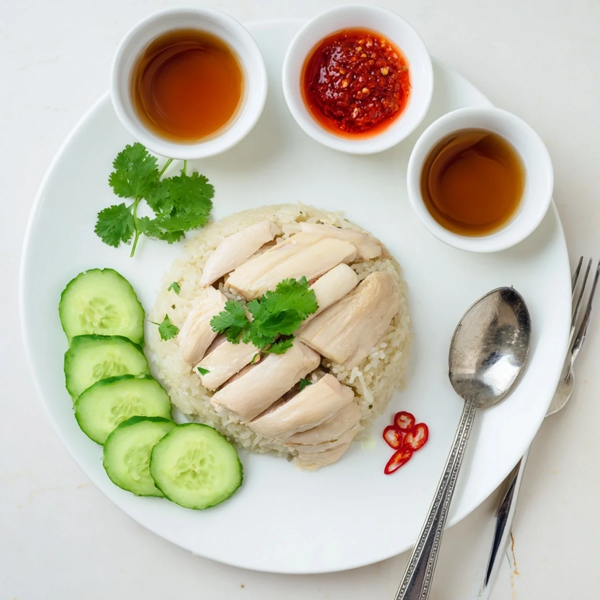 Golden poached chicken pieces served over fragrant garlic-ginger jasmine rice with fresh cilantro garnish
