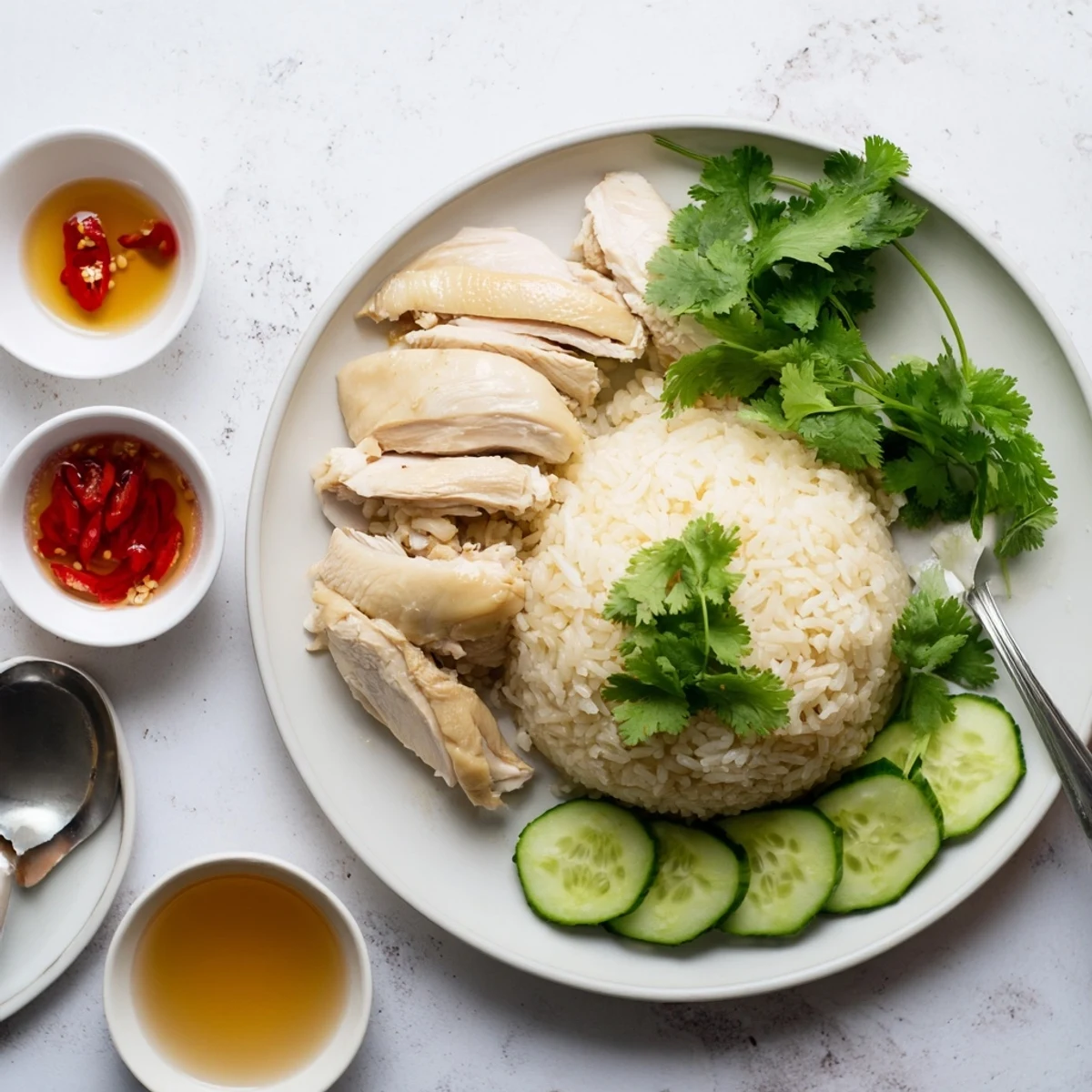 Classic Hainanese chicken rice featuring tender meat alongside cucumber slices and three signature dipping sauces