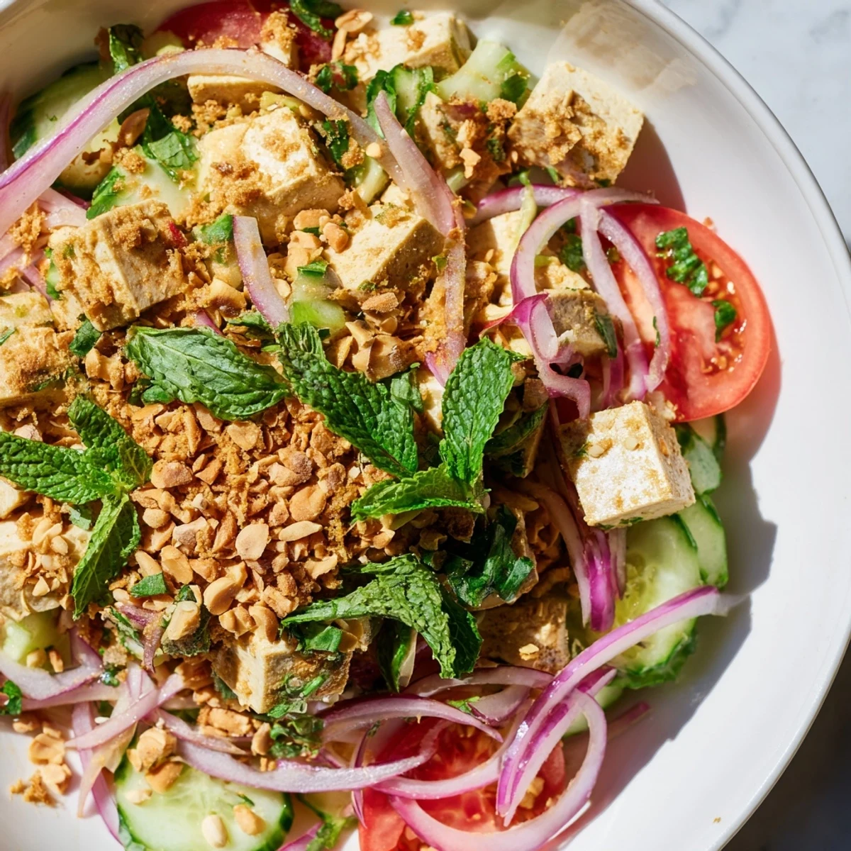 Golden silken tofu cubes tossed with crisp vegetables and crunchy roasted peanuts in a tangy lime sesame dressing