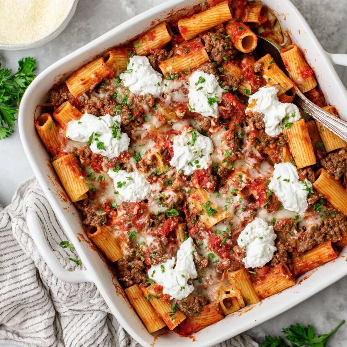 Golden baked rigatoni casserole topped with bubbly melted mozzarella and fresh parsley