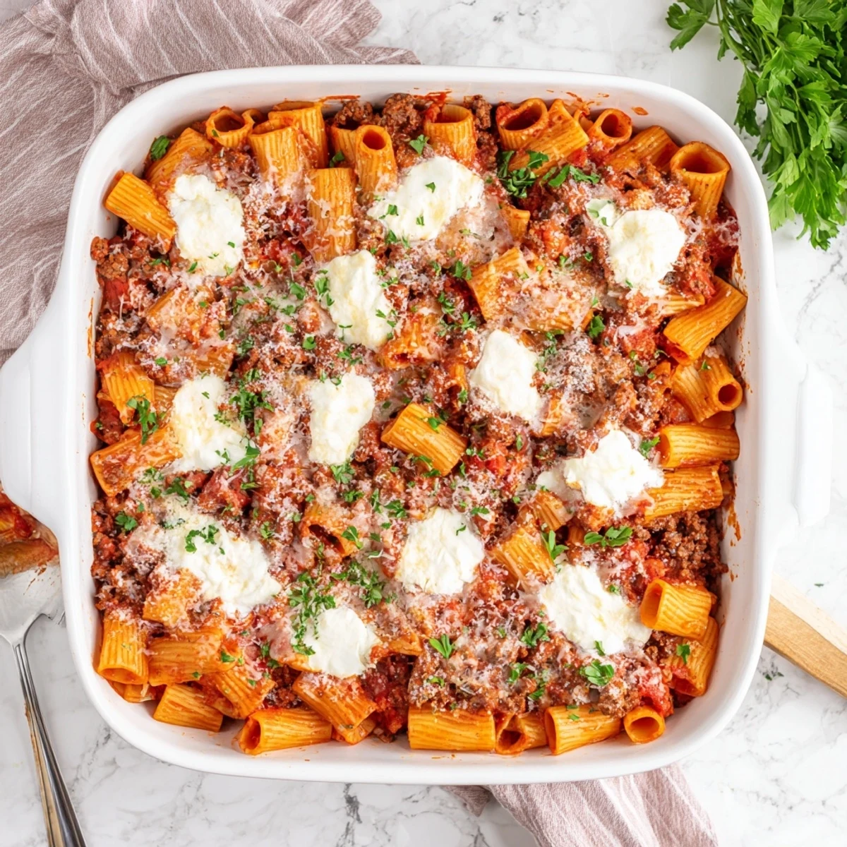 Rustic Italian-American pasta dish with seasoned ground beef and three cheese blend