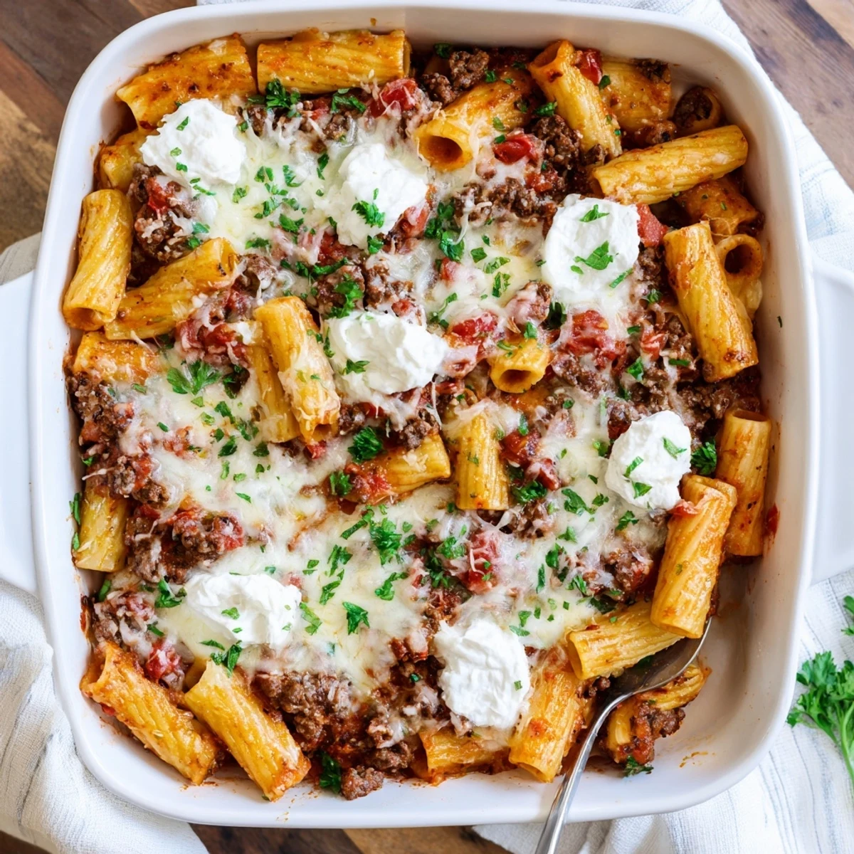 Family-friendly rigatoni baked in rich marinara sauce with savory beef and parmesan