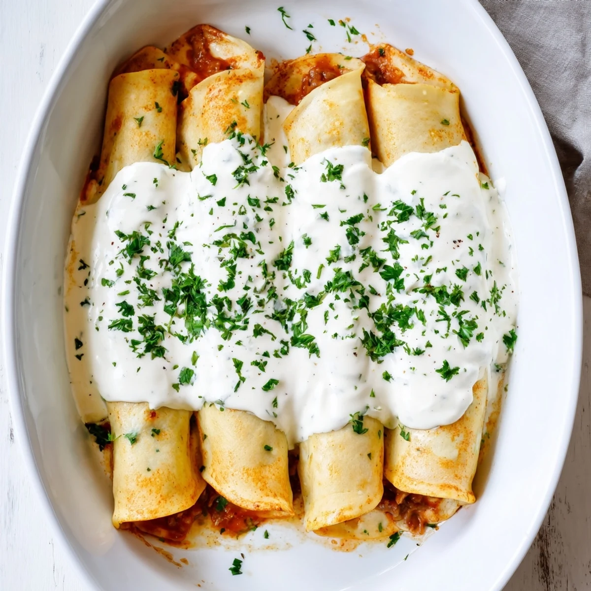 Baked Hungarian Hortobágyi palacsinta featuring spiced ground veal filling wrapped in delicate crepes