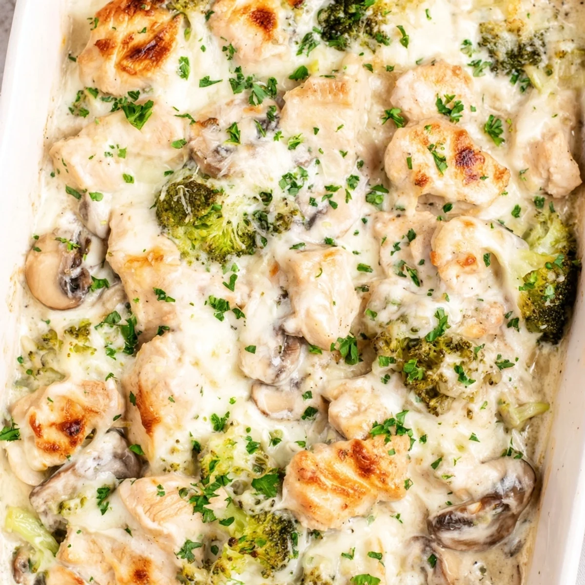 Golden bubbly low carb chicken casserole with melted cheese and fresh parsley garnish