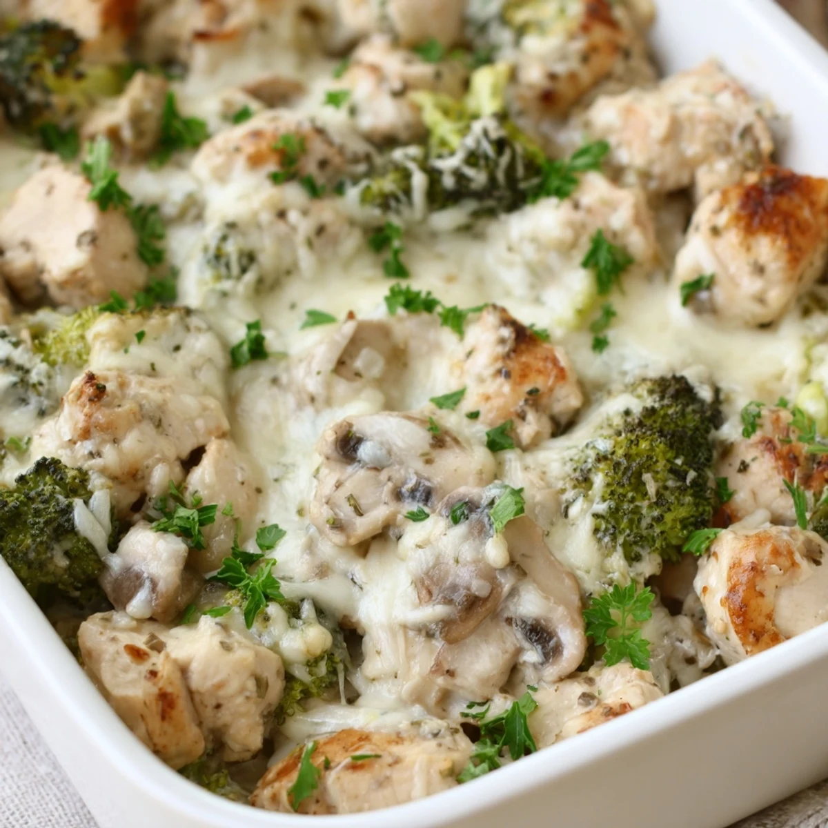 Savory low carb chicken casserole fresh from oven with golden mozzarella topping