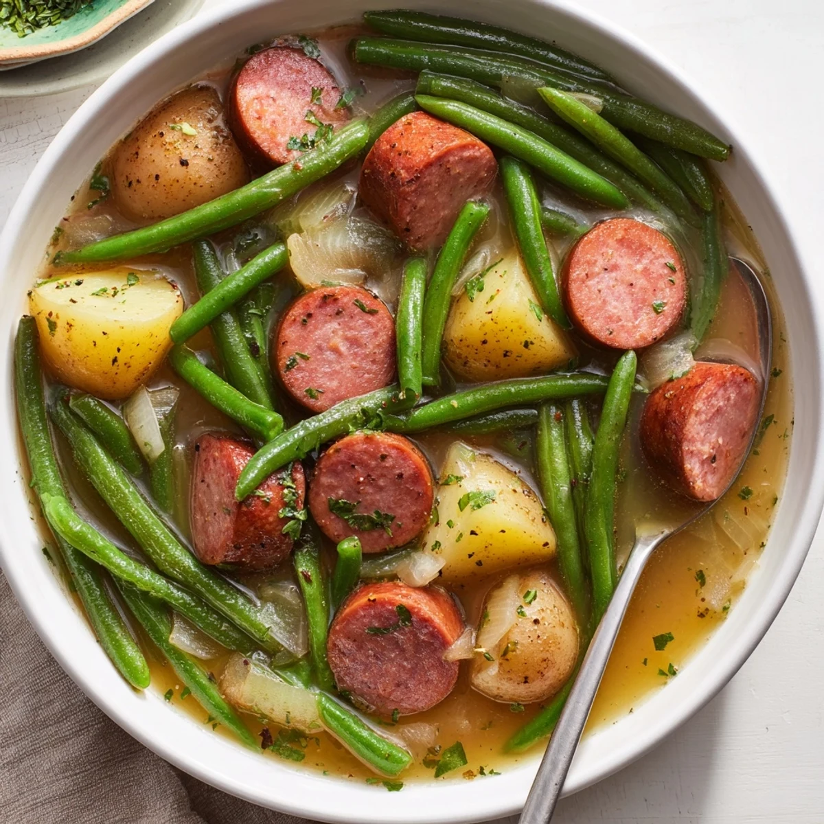 Slow cooker Crockpot Kielbasa and Green Beans with tender baby potatoes in savory broth
