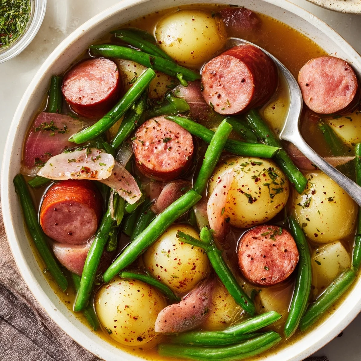 Golden sliced kielbasa sausage nestled with crisp green beans and potatoes in this easy Crockpot Kielbasa and Green Beans