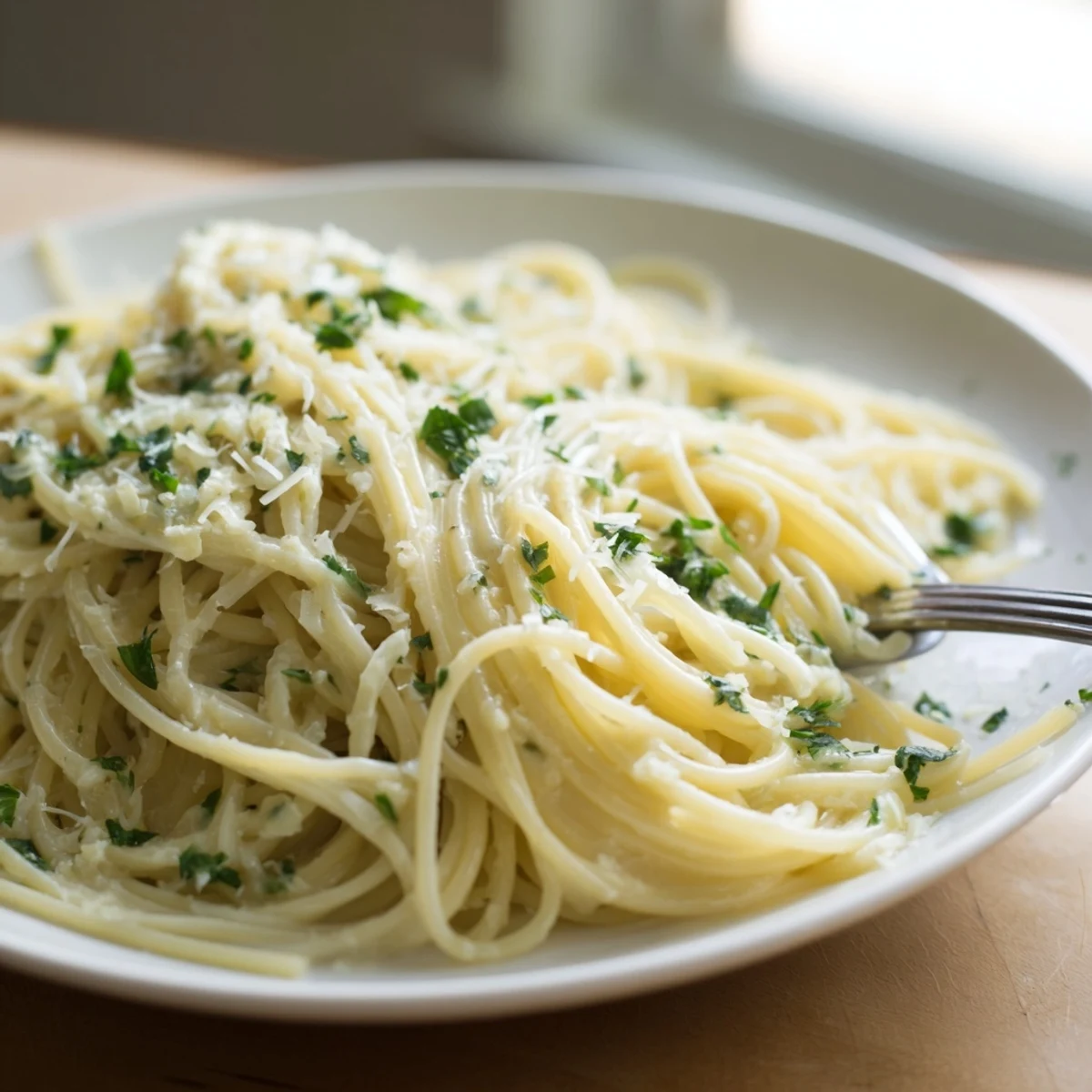 Close up of al dente one pot garlic butter pasta drizzled with melted butter and cheese