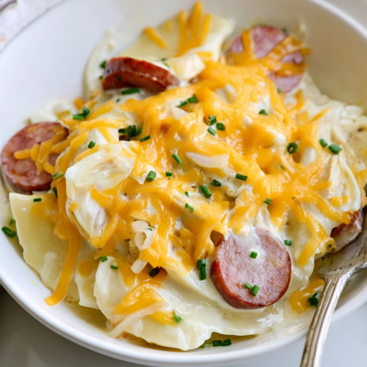 Creamy Crock Pot Pierogi Casserole featuring tender potato dumplings layered with melted cheese and sausage