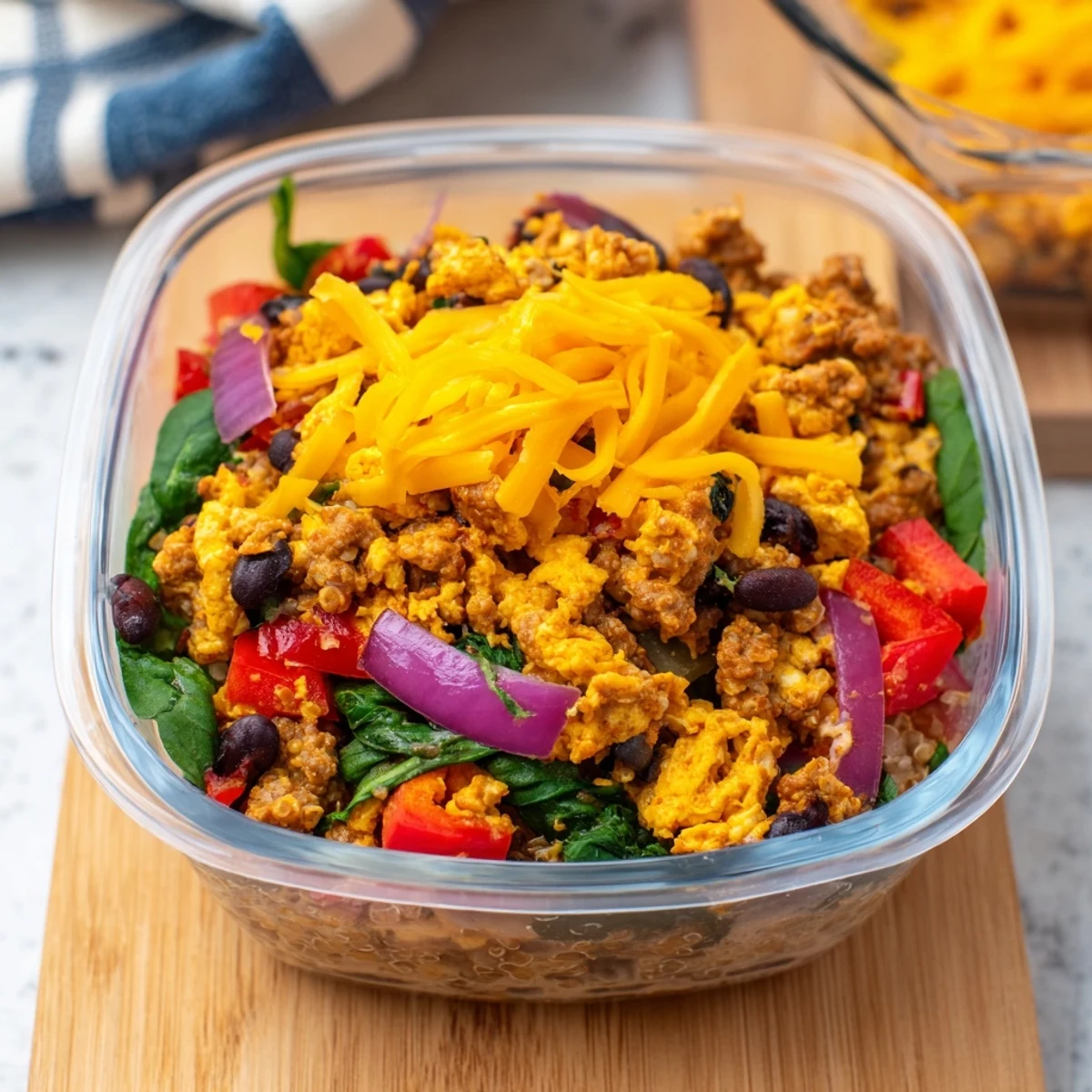 Hearty freezer friendly breakfast bowl packed with protein, showcasing fluffy eggs, savory sausage crumbles, black beans, spinach, bell peppers over a bed of wholesome grains