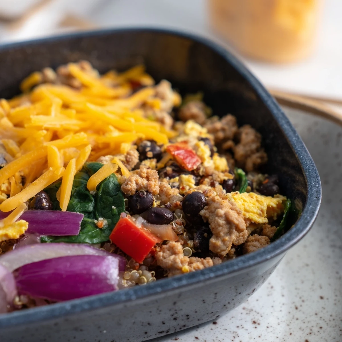 Colorful meal prep containers filled with high protein breakfast bowls featuring scrambled eggs, turkey sausage, vegetables, and quinoa for busy mornings