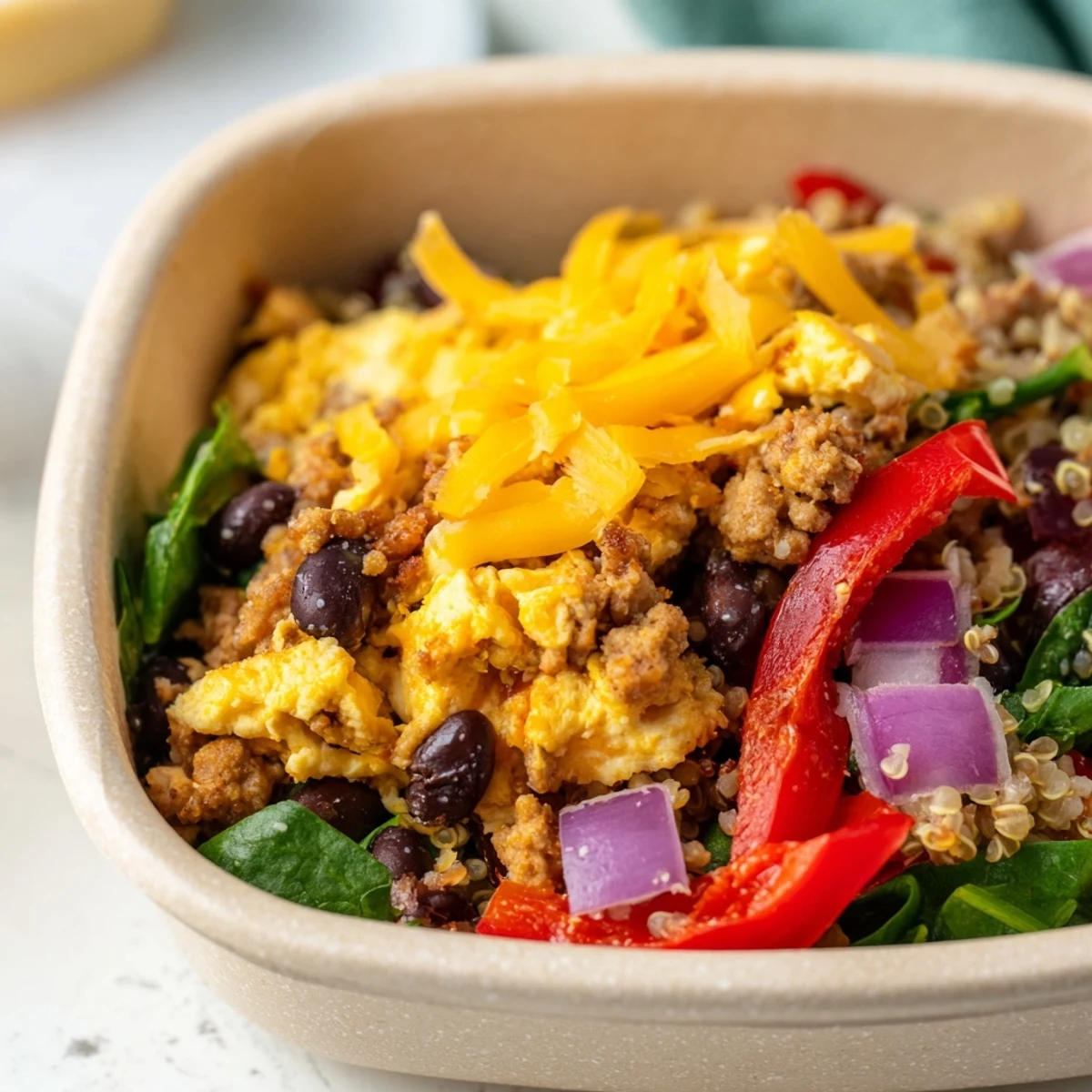 Customizable high protein breakfast bowls arranged in meal prep containers, displaying layers of scrambled eggs, vegetables, cheese, and protein toppings ready for freezing