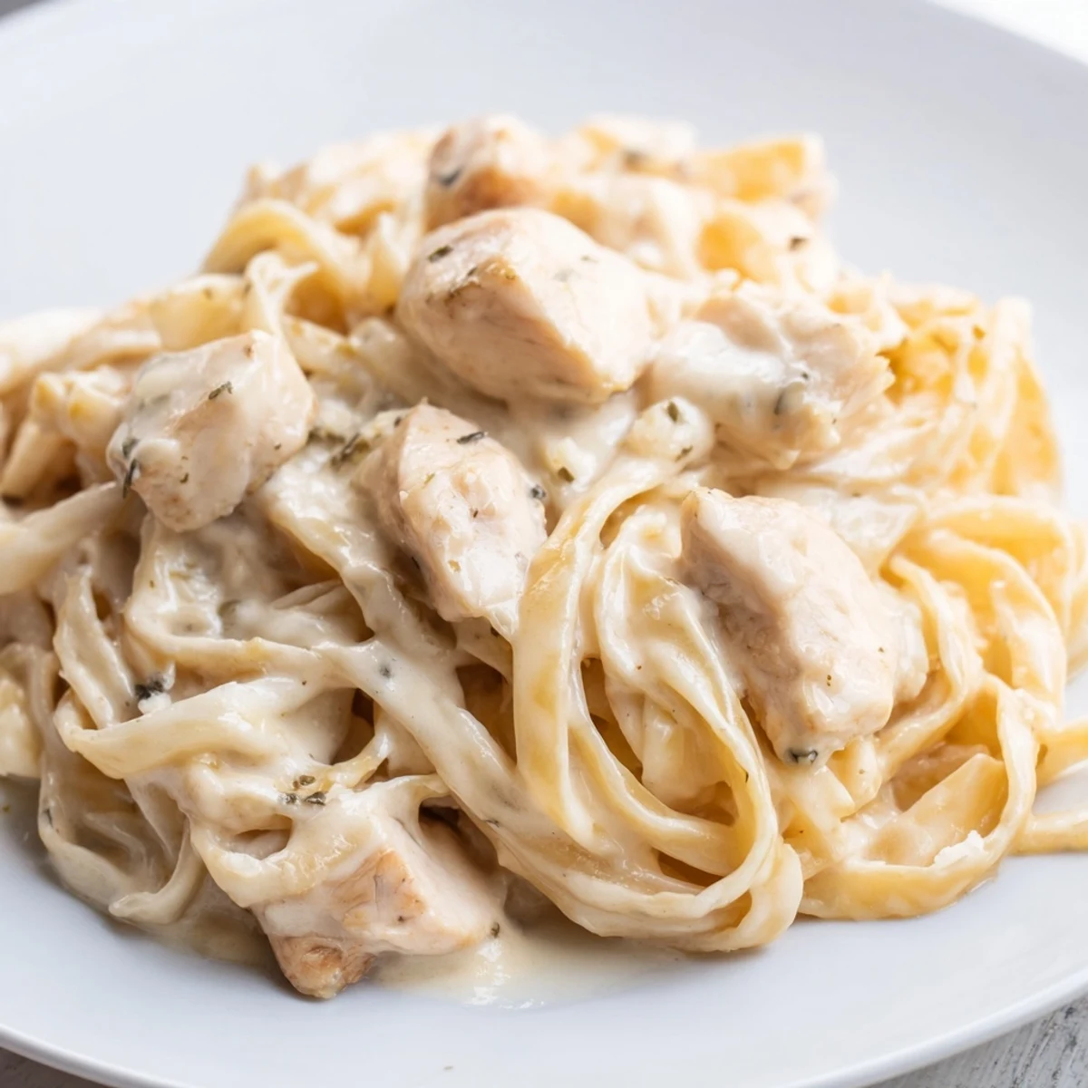Creamy Instant Pot Chicken Alfredo with tender chicken pieces coated in rich parmesan garlic sauce over fettuccine